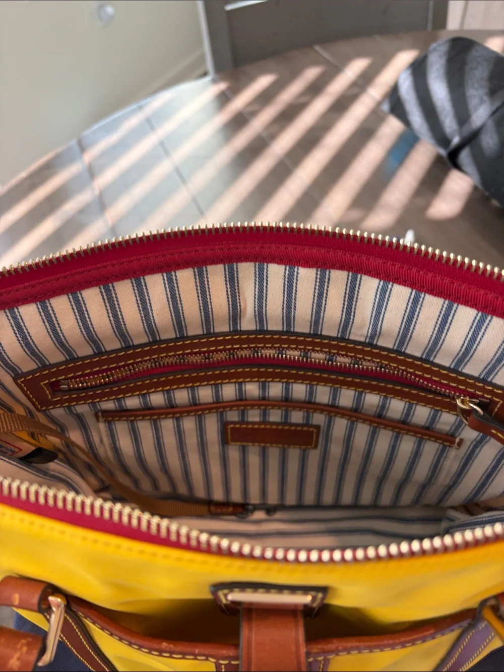 Dooney & Bourke Yellow Tote with Brown Leather Trim and Dual Carry Straps